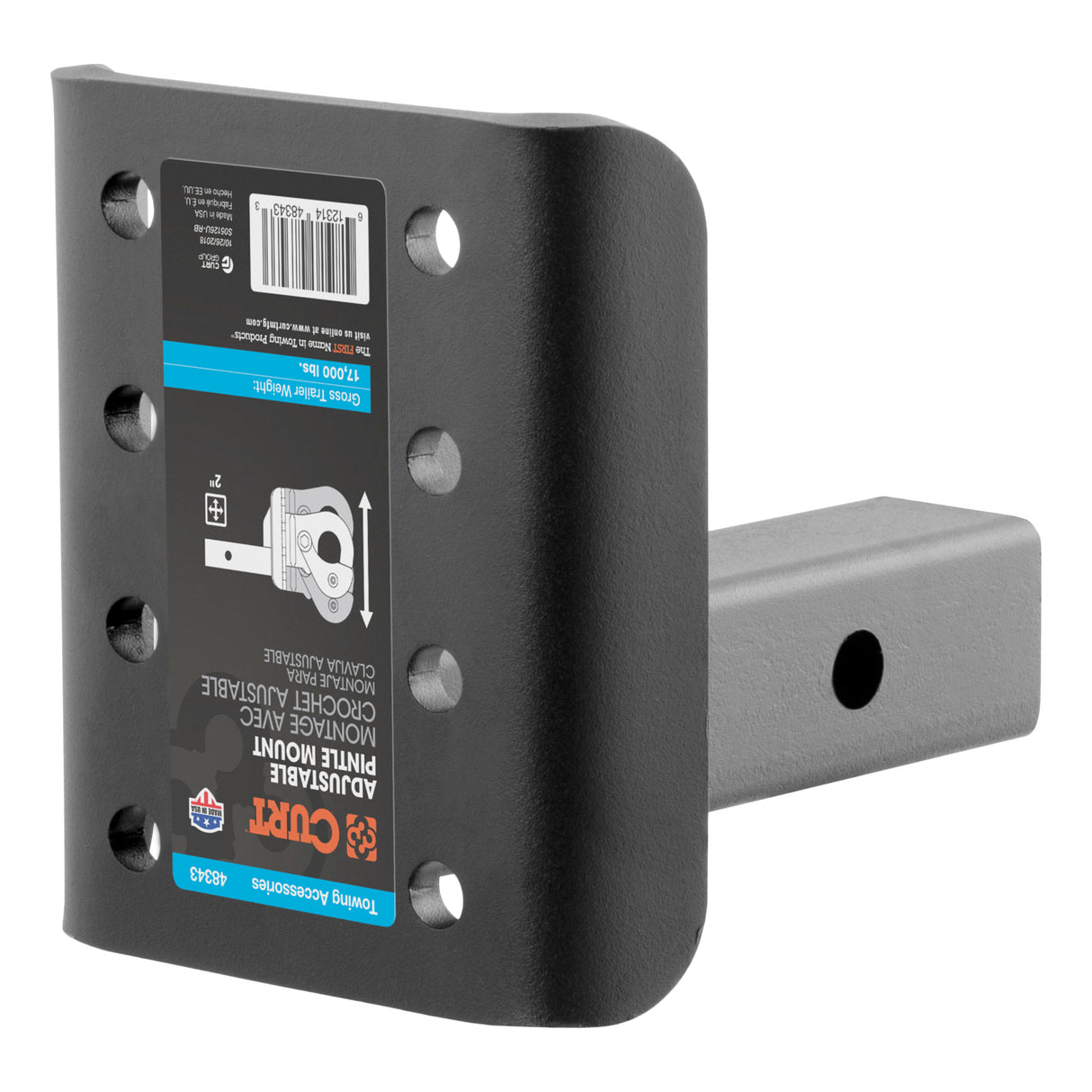 Curt - Adjustable Pintle Mount (2" Shank, 17,000 lbs., 7-1/4" High, 6" Long) - 48343