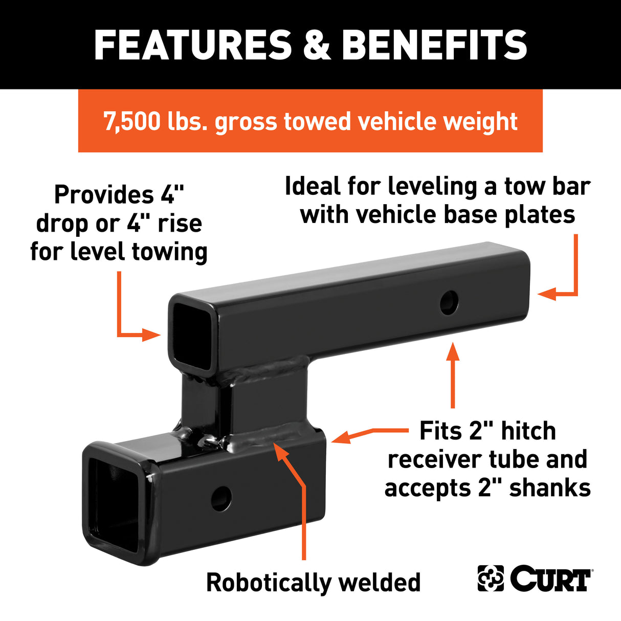 Curt - Receiver Hitch Adapter (2" Shank, 4" Drop, 7,500 lbs.) - 45798