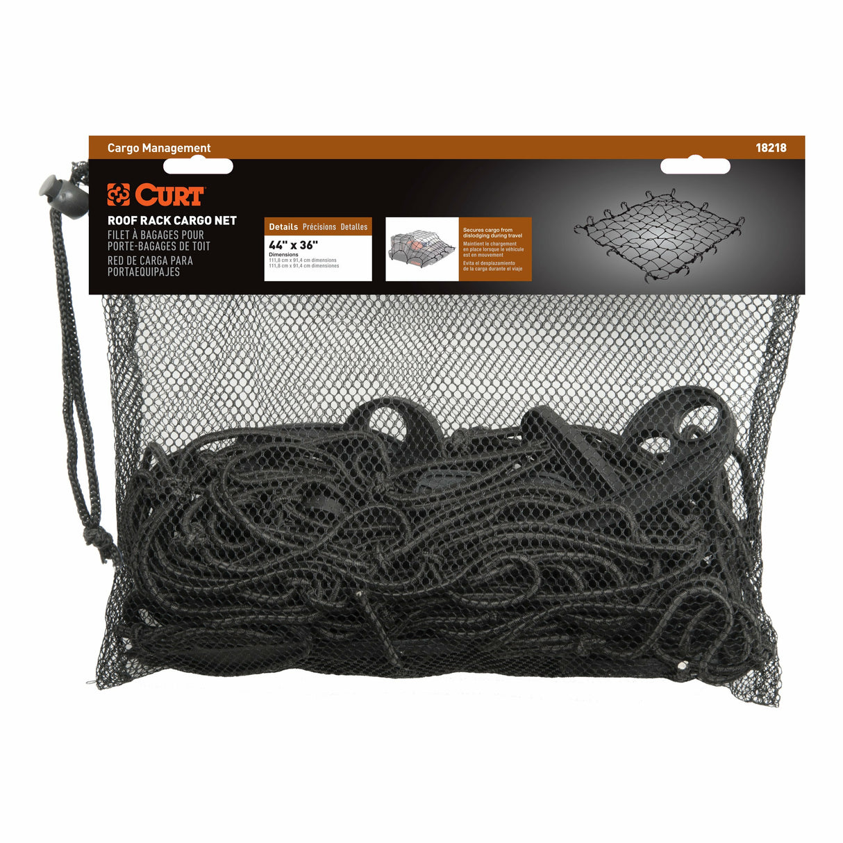 CURT 18218 44 x 36-Inch Elastic Cargo Net with Hooks for Roof Basket