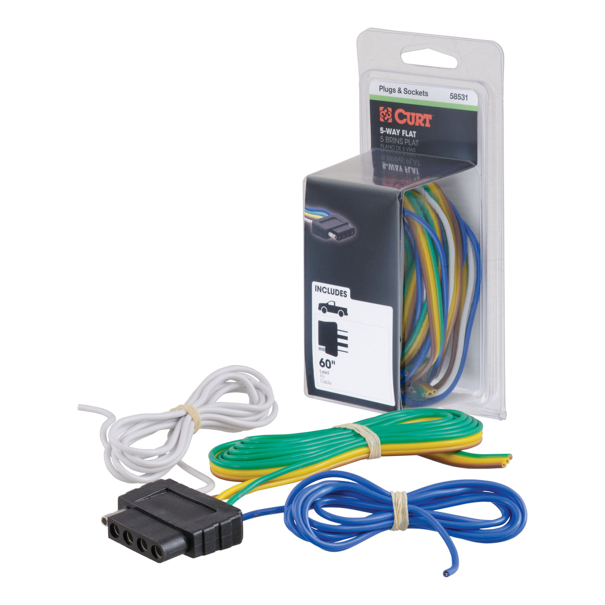 Curt - 5-Way Flat Connector Socket with 60" Wires (Vehicle Side, Packaged) - 58531