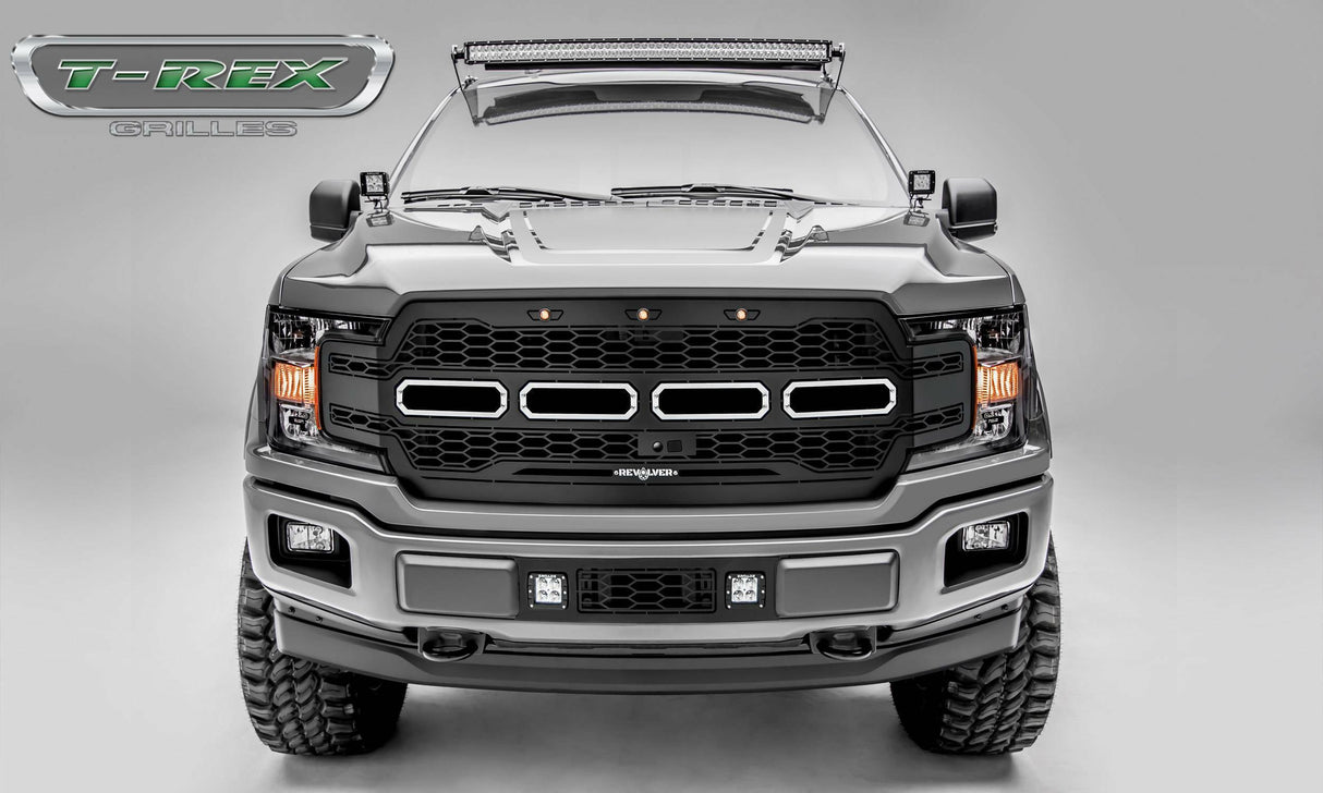 T-Rex Grilles - 1 Pc Laser Cut Pattern Mild Steel Revolver Grille Replacement - Includes Optional Aluminum Accent Trim, Requires (3) OEM Factory Amber running lights (not included) - 6515781