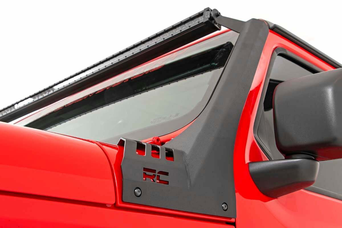 Rough Country - Jeep 50-inch Straight LED Light Bar Upper Windshield Kit w Dual-Row Black Series LED - Amber DRL (20-22 Gladiator JT, 18-22 Wrangler JL) - 70068