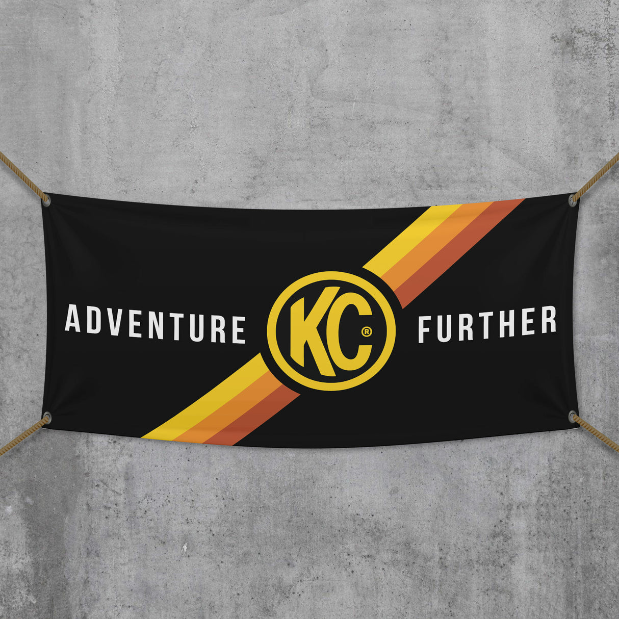 KC Hilites - 36 inchx72 inch KC Banner - Adventure Further - Outdoor - Black / Yellow KC Logo - 99021