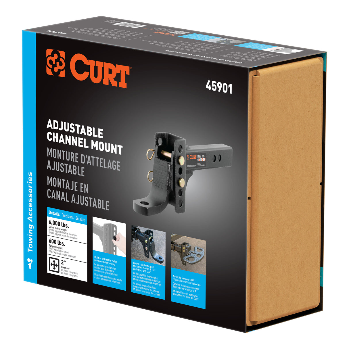 Curt - Adjustable Channel Mount with 1" Ball Hole (2" Shank, 6,000 lbs., 6-3/4" Drop) - 45901