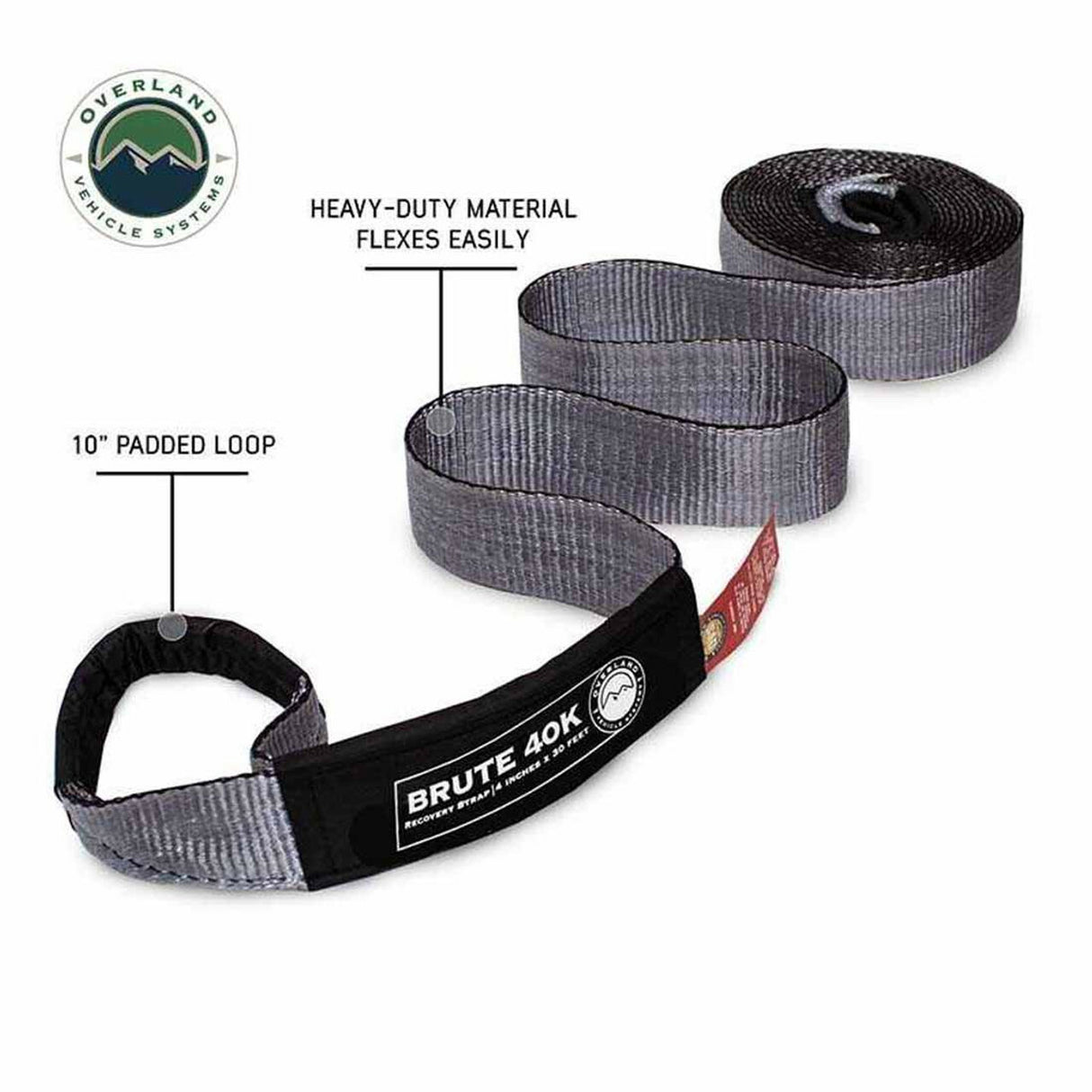Overland Vehicle Systems - Tow Strap 4 Inch x 30 Foot Grey With Black Ends and Storage Bag - 19099916