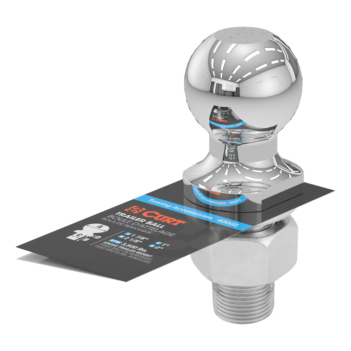 Curt - 1-7/8" Trailer Ball (1" x 2-1/8" Shank, 3,500 lbs., Chrome) - 40002