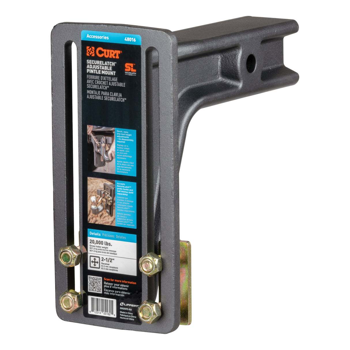 Curt - SecureLatch Adjustable Pintle Mount (2-1/2" Shank, 20,000 lbs.) - 48016