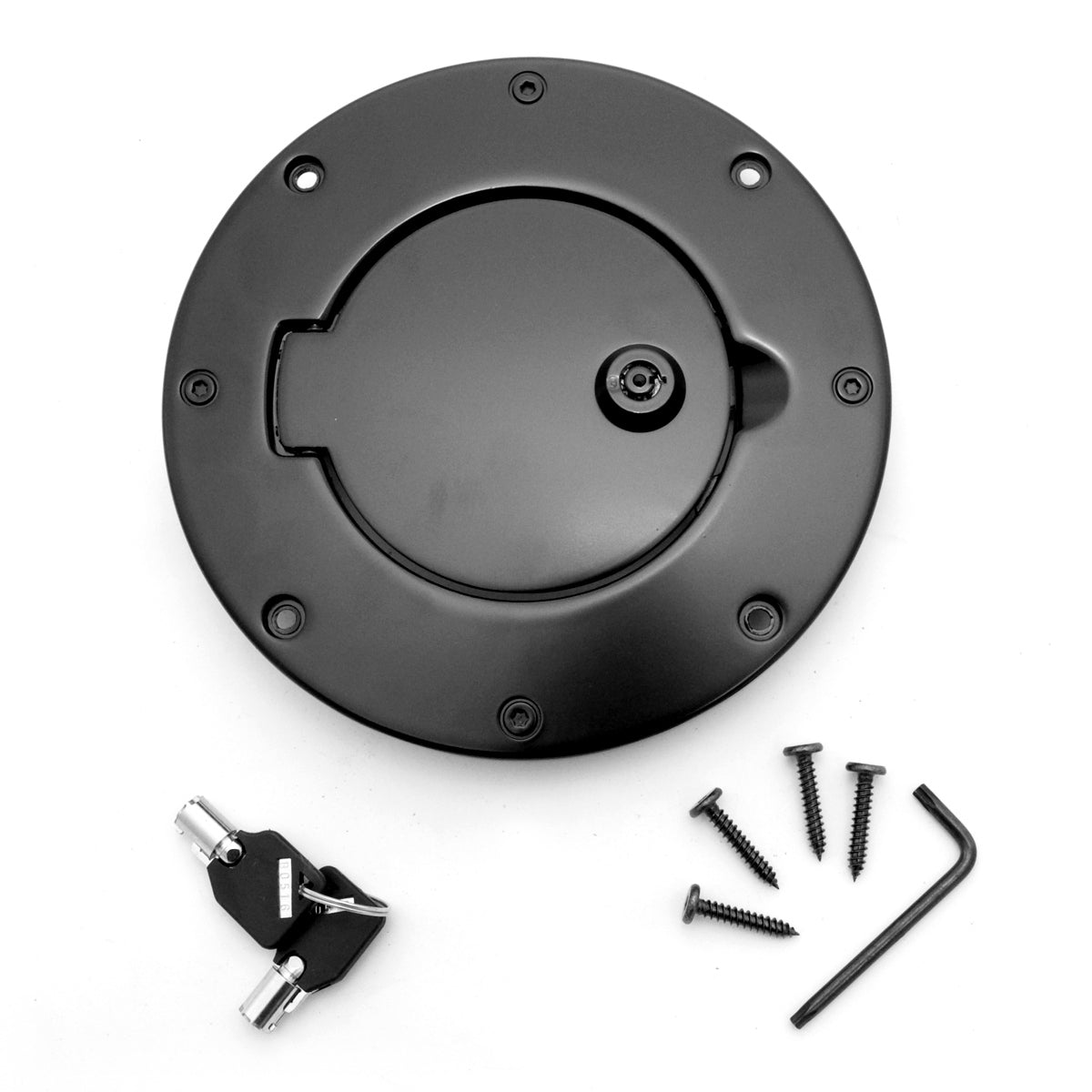 Locking Gas Cap Door, Black Aluminum; 97-06 Jeep Wrangler TJ