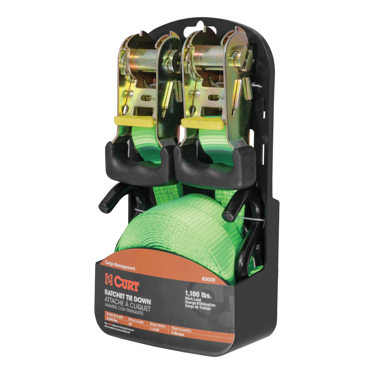 Curt - 16' Lime Green Cargo Straps with S-Hooks (1,100 lbs, 2-Pack) - 83028