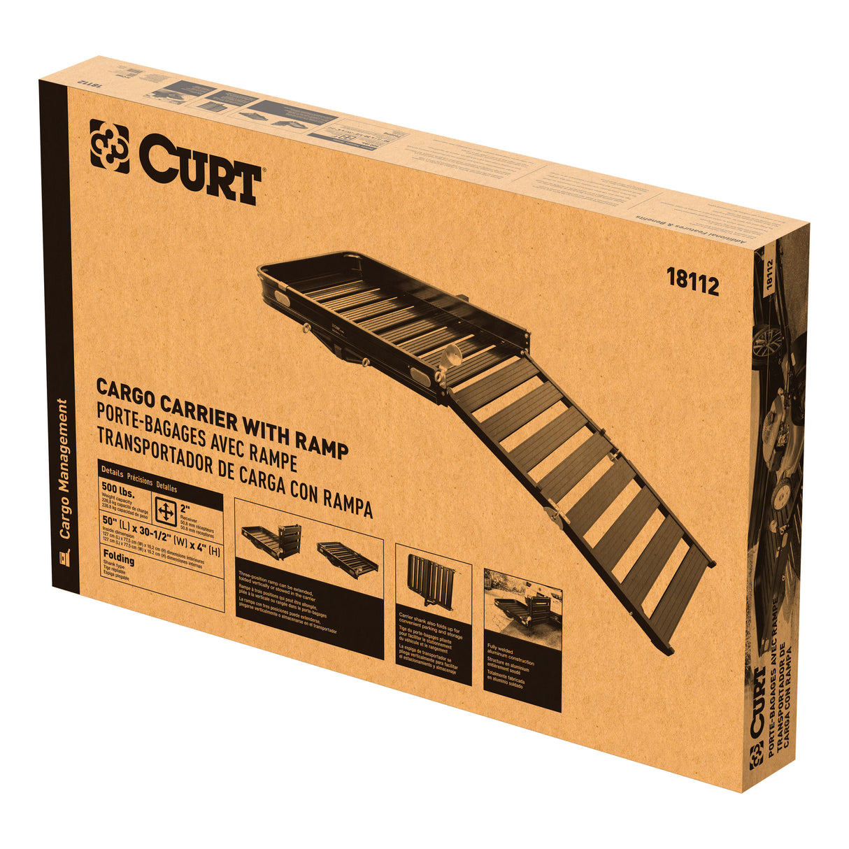 Curt - 50" x 30" Black Aluminum Hitch Cargo Carrier with Ramp (Folding 2" Shank) - 18112
