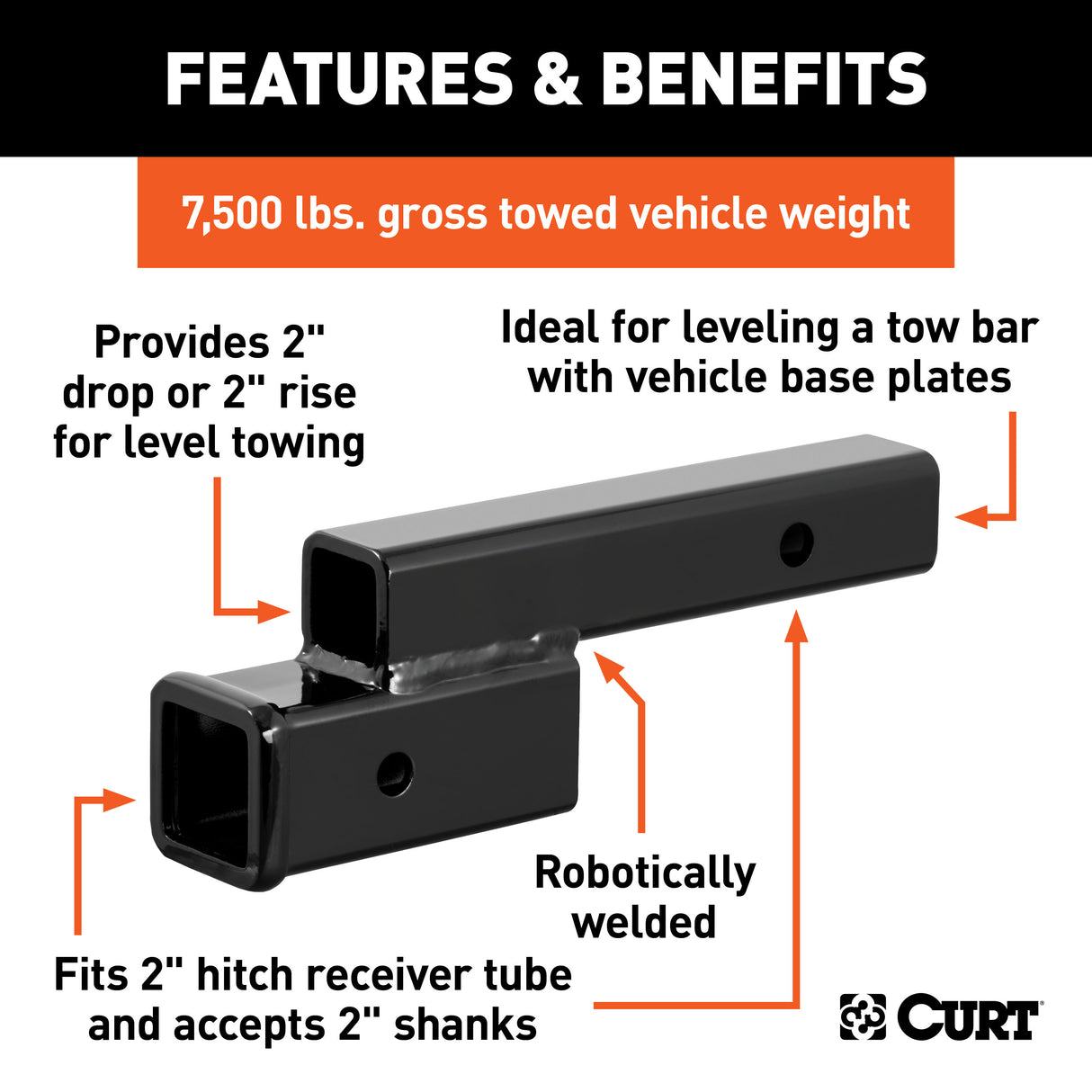Curt - Receiver Hitch Adapter (2" Shank, 2" Drop, 7,500 lbs.) - 45797