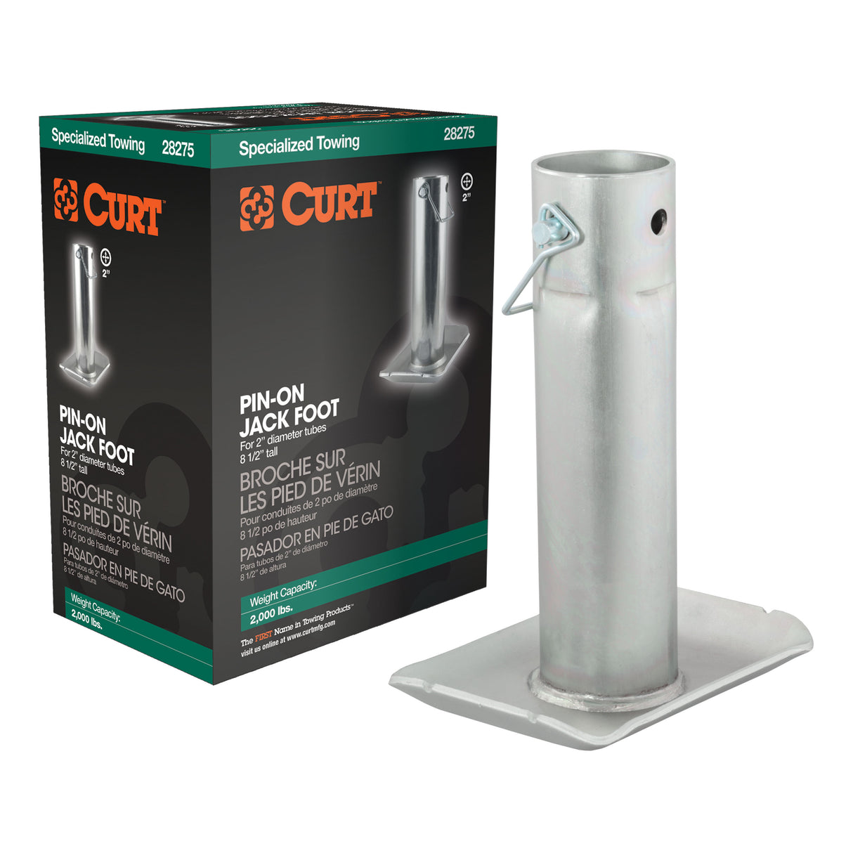 Curt - Pin-On Jack Foot (Fits 2" Tube, 2,000 lbs, 8-1/2" Height, Packaged) - 28275