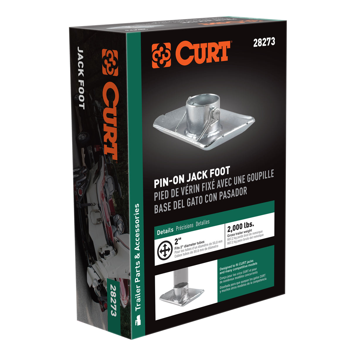 Curt - Pin-On Jack Foot (Fits 2" Tube, 2,000 lbs, 1-11/16" Height, Packaged) - 28273