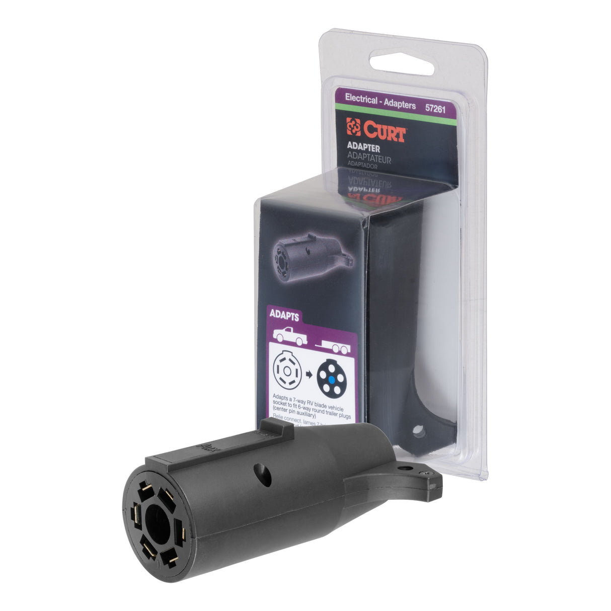 Curt - Adapter (7-Way RV Blade to 6-Way Round Trailer, Center Pin Auxiliary, Packaged) - 57261