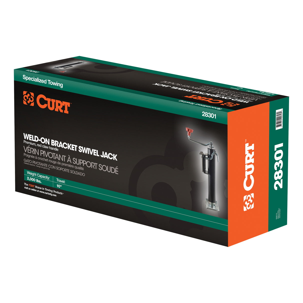 Curt - Bracket-Mount Swivel Jack with Top Handle (2,000 lbs, 10" Travel, Packaged) - 28301