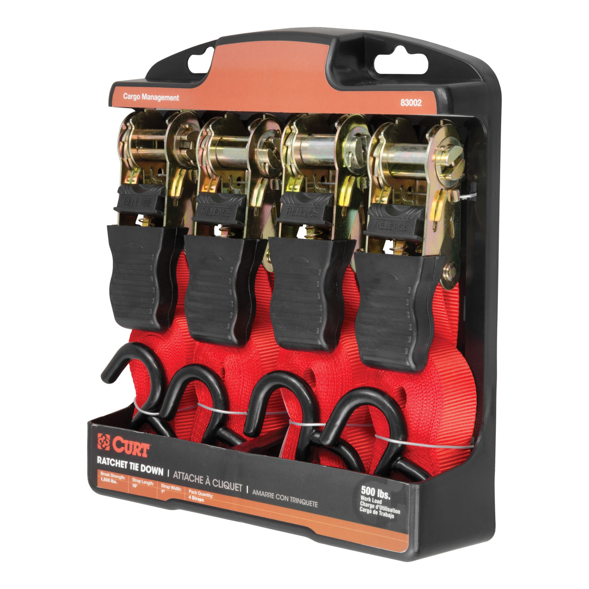 Curt - 16' Red Cargo Straps with S-Hooks (500 lbs, 4-Pack) - 83002