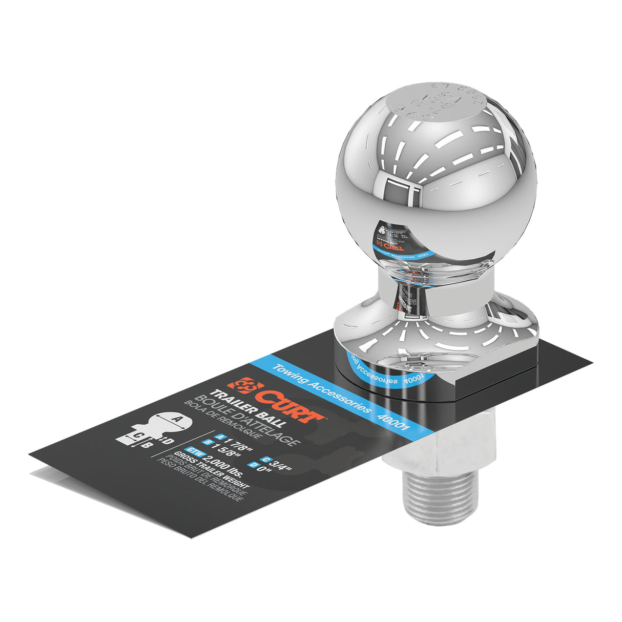 Curt - 1-7/8" Trailer Ball (3/4" x 1-5/8" Shank, 2,000 lbs., Chrome) - 40001