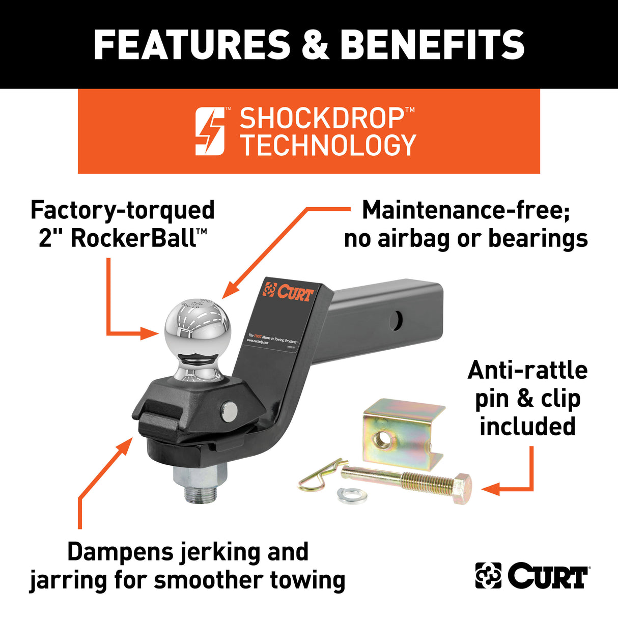 Curt - RockerBall Cushion Hitch with 2" Ball (2" Shank, 7,500 lbs., 3" Drop) - 45143