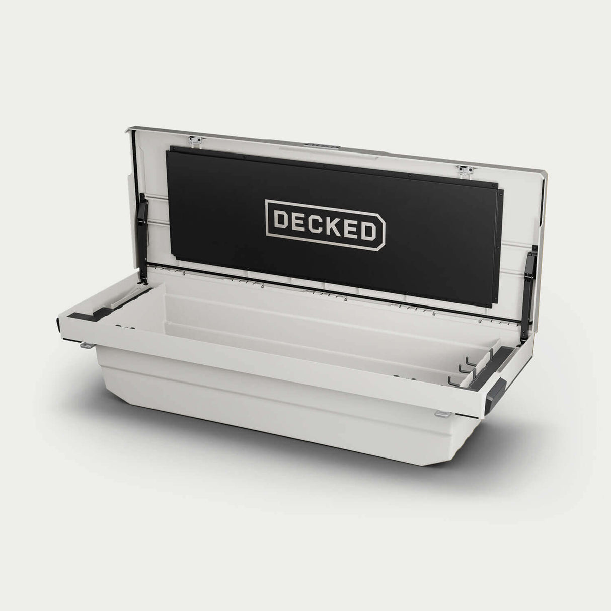 Decked - Truck Bed Tool Box - White - Includes Two (2) D-Ring Cargo Tie Downs And Two (2) Tool Tray Pads - Dtb2-Wht
