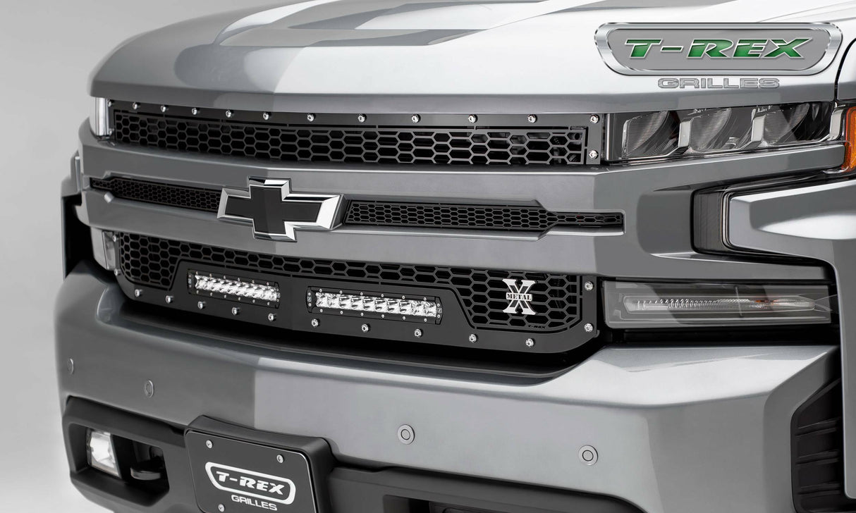T-Rex Grilles - T-REX 2019-2021 Silverado 1500 Laser Torch Grille, Black, 1 Pc, Replacement, Chrome Studs, Incl. (2) 10 inch LEDs - PN #7311261 - 7311261