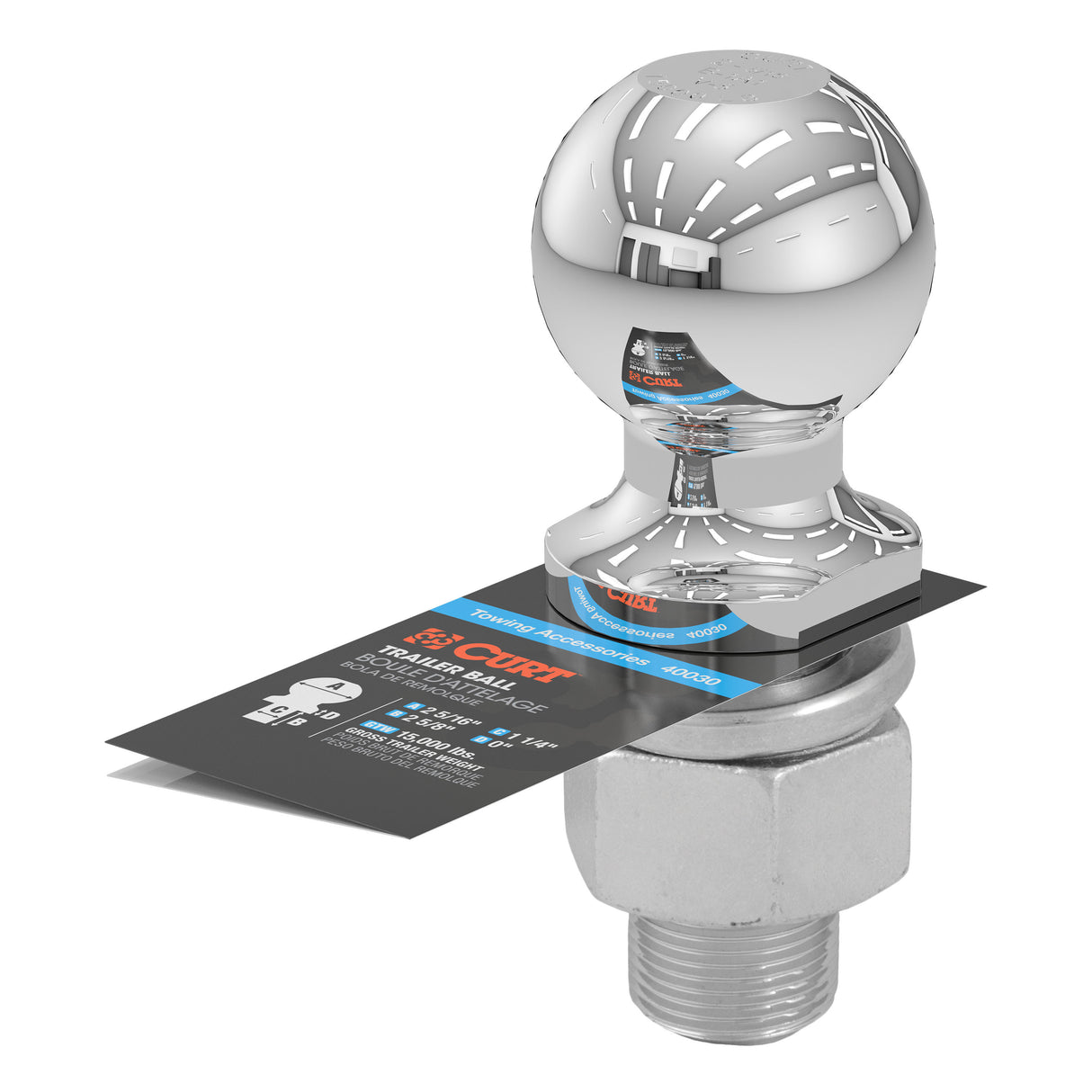Curt - 2-5/16" Trailer Ball (1-1/4" x 2-5/8" Shank, 15,000 lbs., Chrome) - 40030