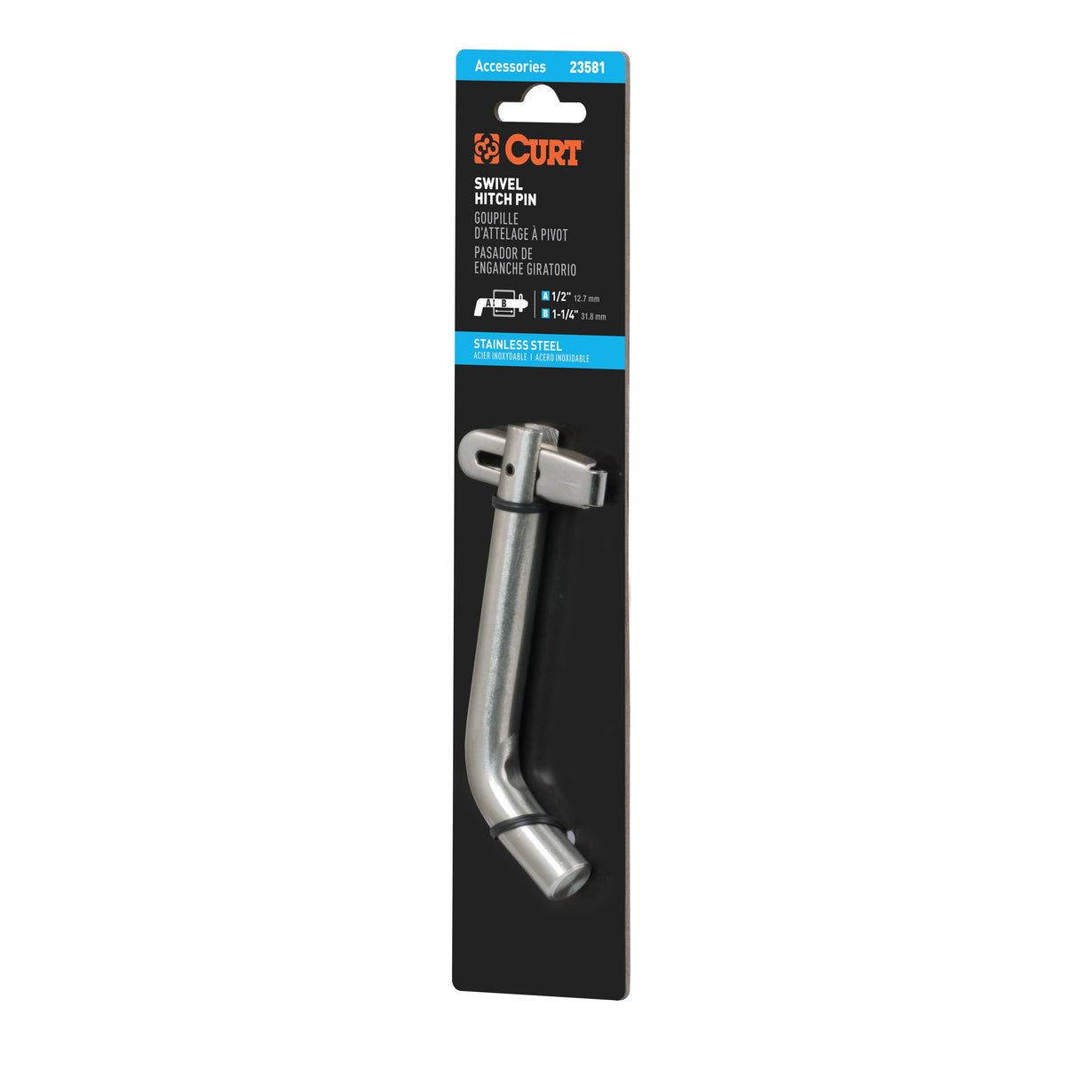Curt - 1/2" Swivel Hitch Pin (1-1/4" Receiver, Stainless, Packaged) - 23581