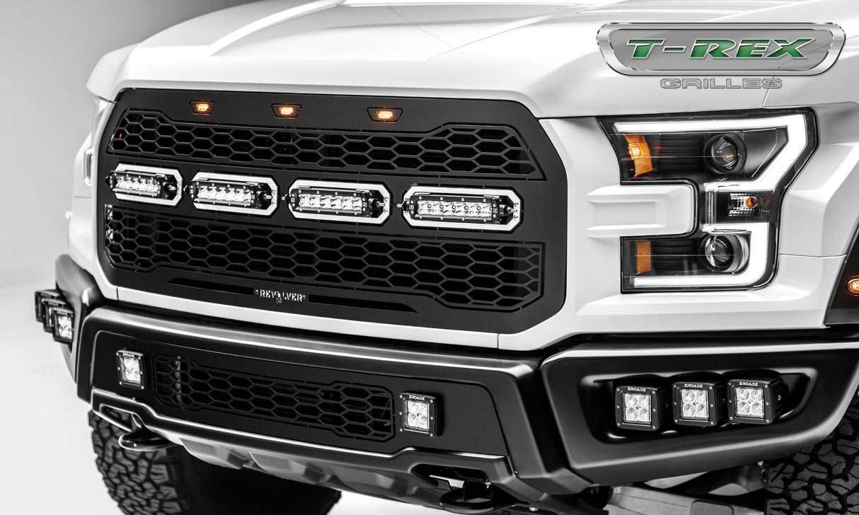 T-Rex Grilles - 1 Pc Laser Cut Pattern Mild Steel Revolver Grille Replacement - Includes Optional Aluminum Accent Trim, Requires (3) OEM Factory Amber running lights (not included), Includes Universal Wiring Harness - 6515671