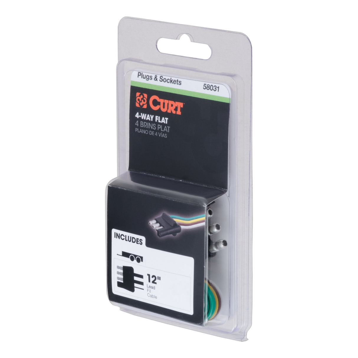 Curt - 4-Way Flat Connector Plug with 12" Wires (Trailer Side, Packaged) - 58031