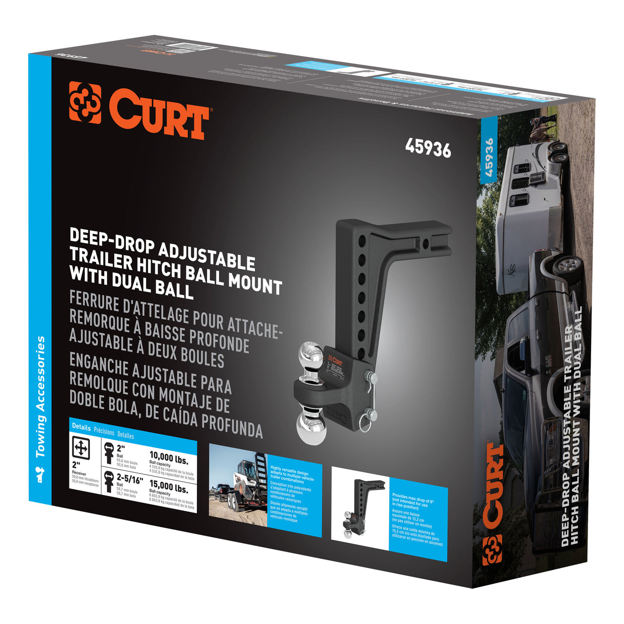 CURT - Deep-Drop Adjustable Trailer Hitch Ball Mount with Dual Ball, 2" Shank, 15K - 45936
