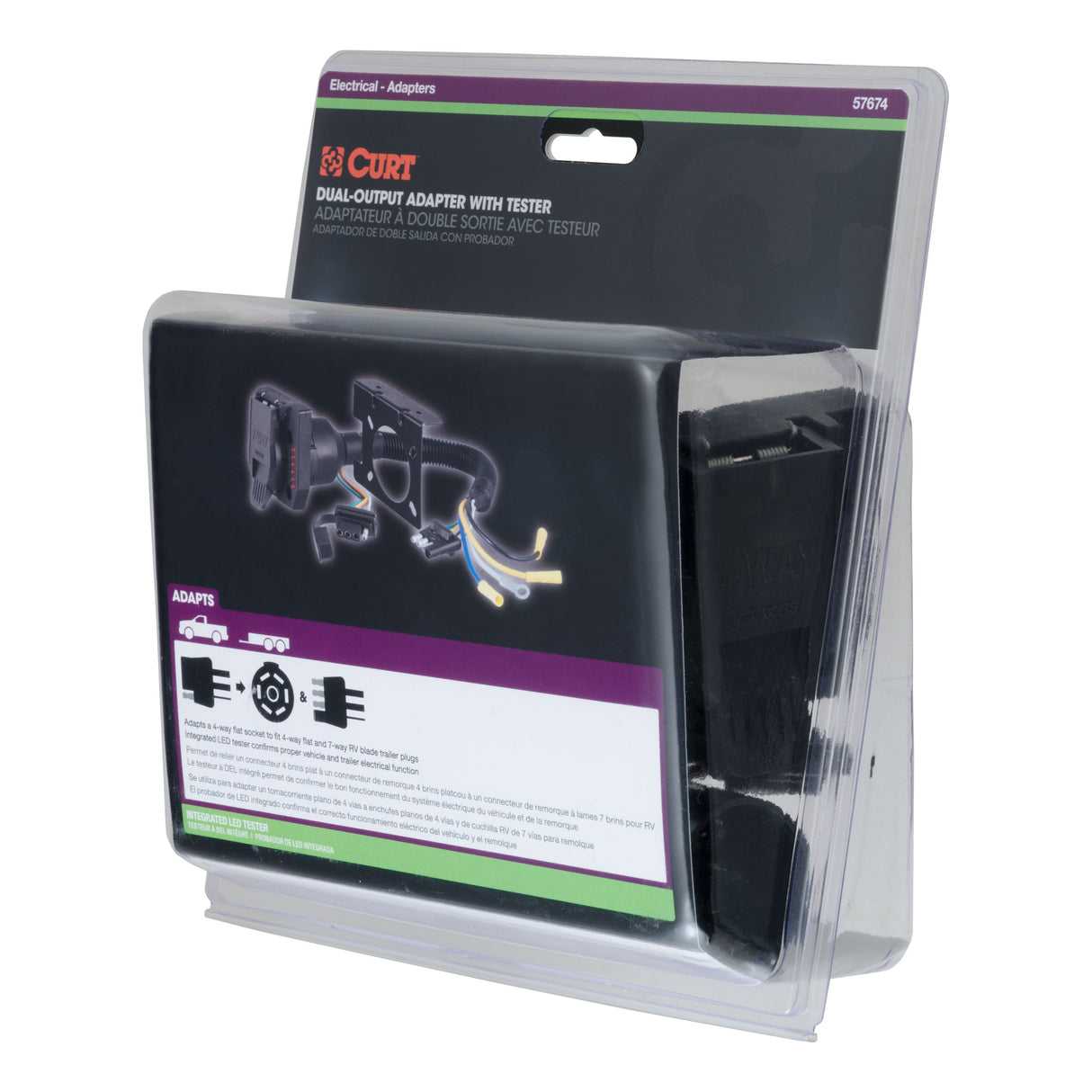 Curt - Dual-Output Electrical Adapter with Tester (Adds 7-Way RV Blade to 4-Way Flat) - 57674