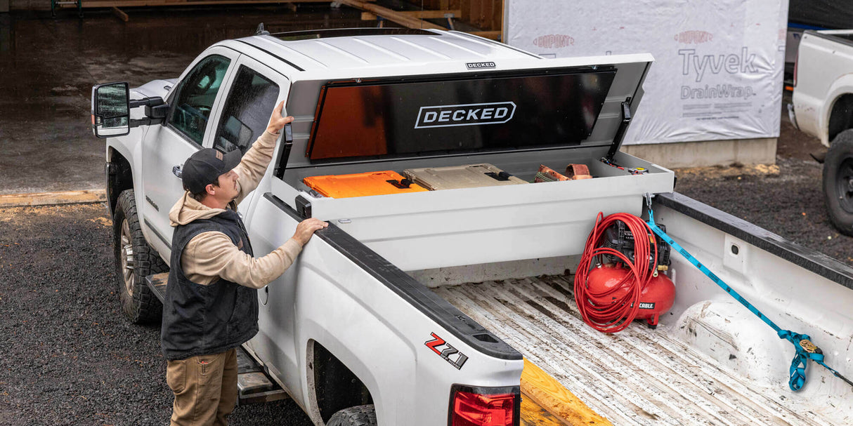 Decked - Truck Bed Tool Box - White - Includes Two (2) D-Ring Cargo Tie Downs And Two (2) Tool Tray Pads - Dtb2-Wht