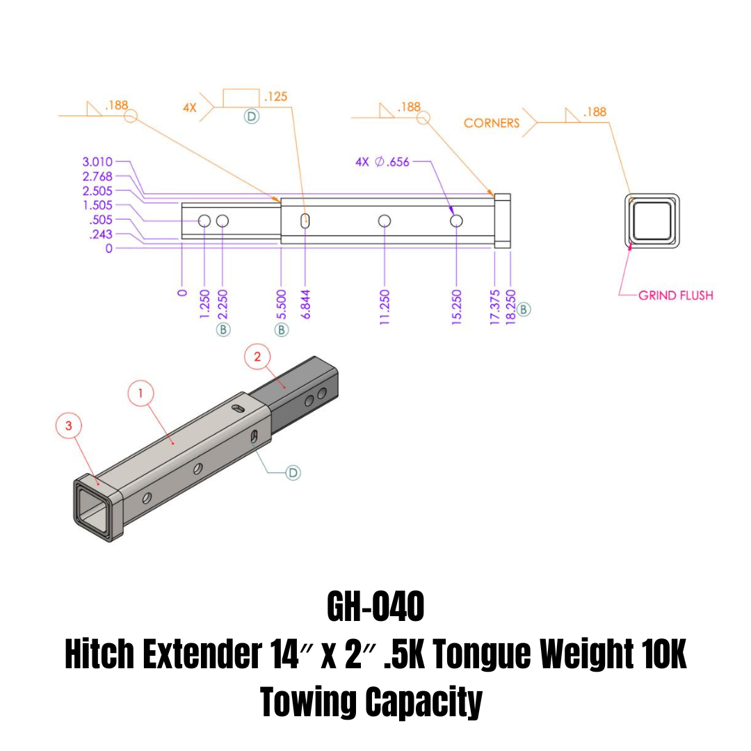GEN-Y - Hitch GH-040 Hitch Extender 14" x 2" .5K TW 10K Towing - GH-040
