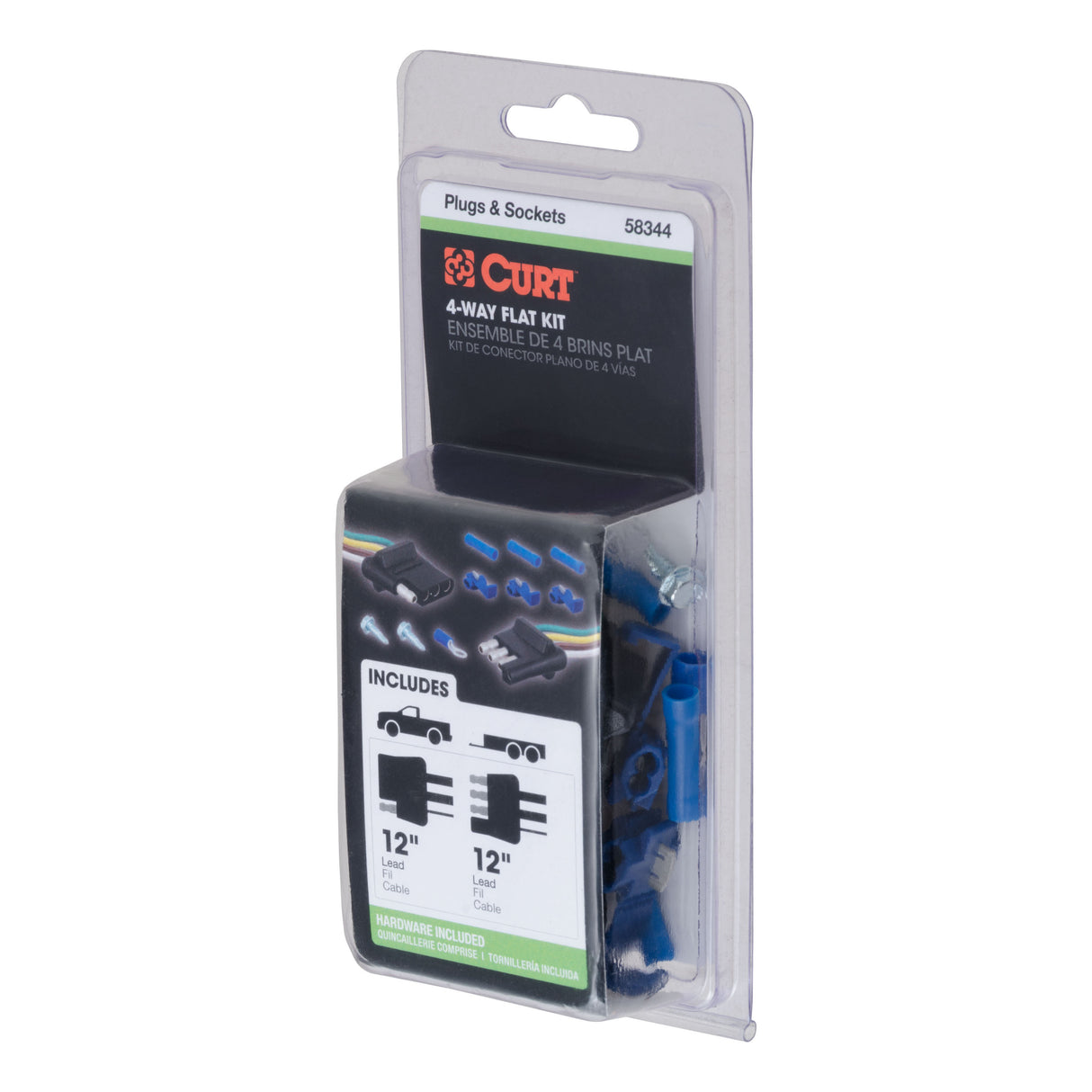 Curt - 4-Way Flat Connector Plug & Socket with 12" Wires Each & Hardware (Packaged) - 58344