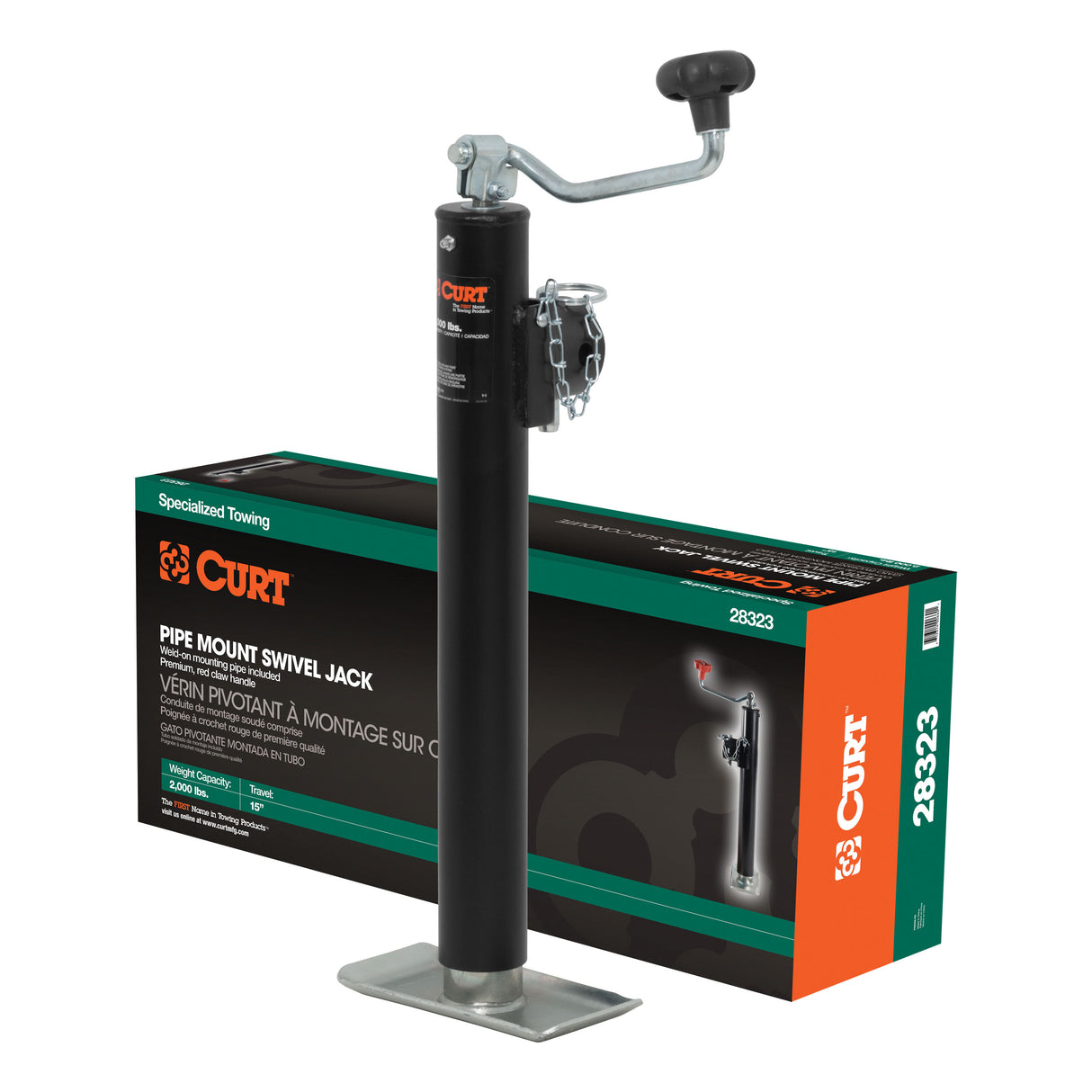 Curt - Pipe-Mount Swivel Jack with Top Handle (2,000 lbs, 15" Travel, Packaged) - 28323