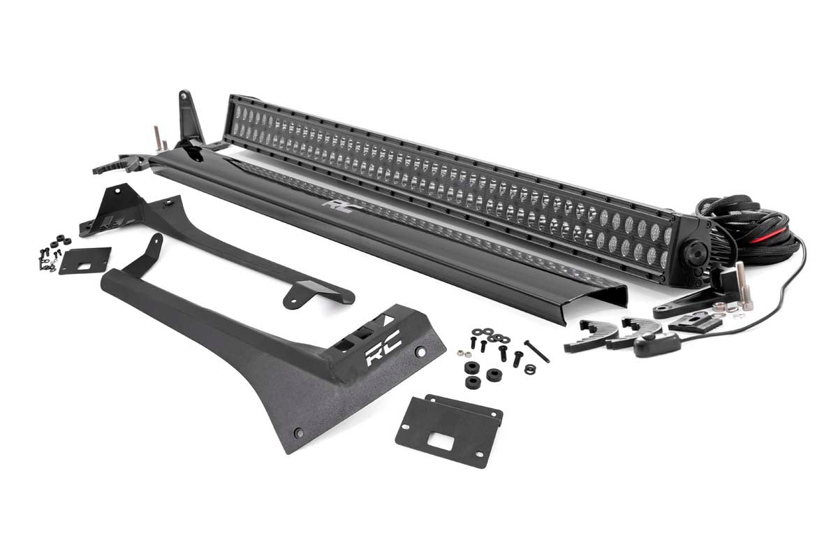Rough Country - Jeep 50-inch Straight LED Light Bar Upper Windshield Kit w Dual-Row Black Series LED (20-22 Gladiator JT, 18-22 Wrangler JL) - 70069