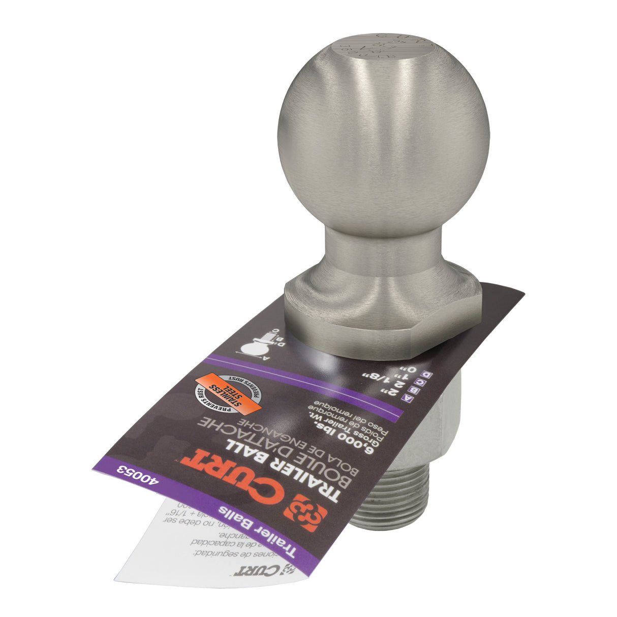 Curt - 2" Trailer Ball (1" x 2-1/8" Shank, 6,000 lbs., Stainless) - 40053