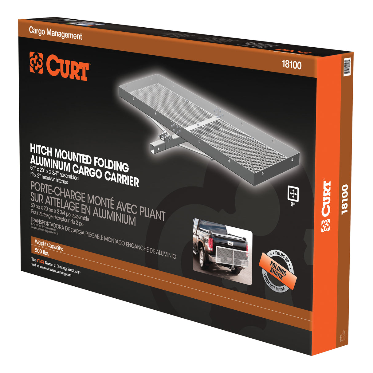 Curt - 60" x 20" Aluminum Tray Cargo Carrier (Folding 2" Shank, 500 lbs.) - 18100