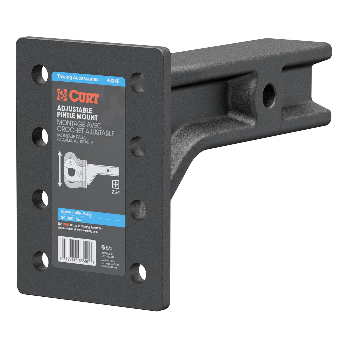 Curt - Adjustable Pintle Mount (2-1/2" Shank, 20,000 lbs., 7-1/4" High, 10-3/4" Long) - 48348