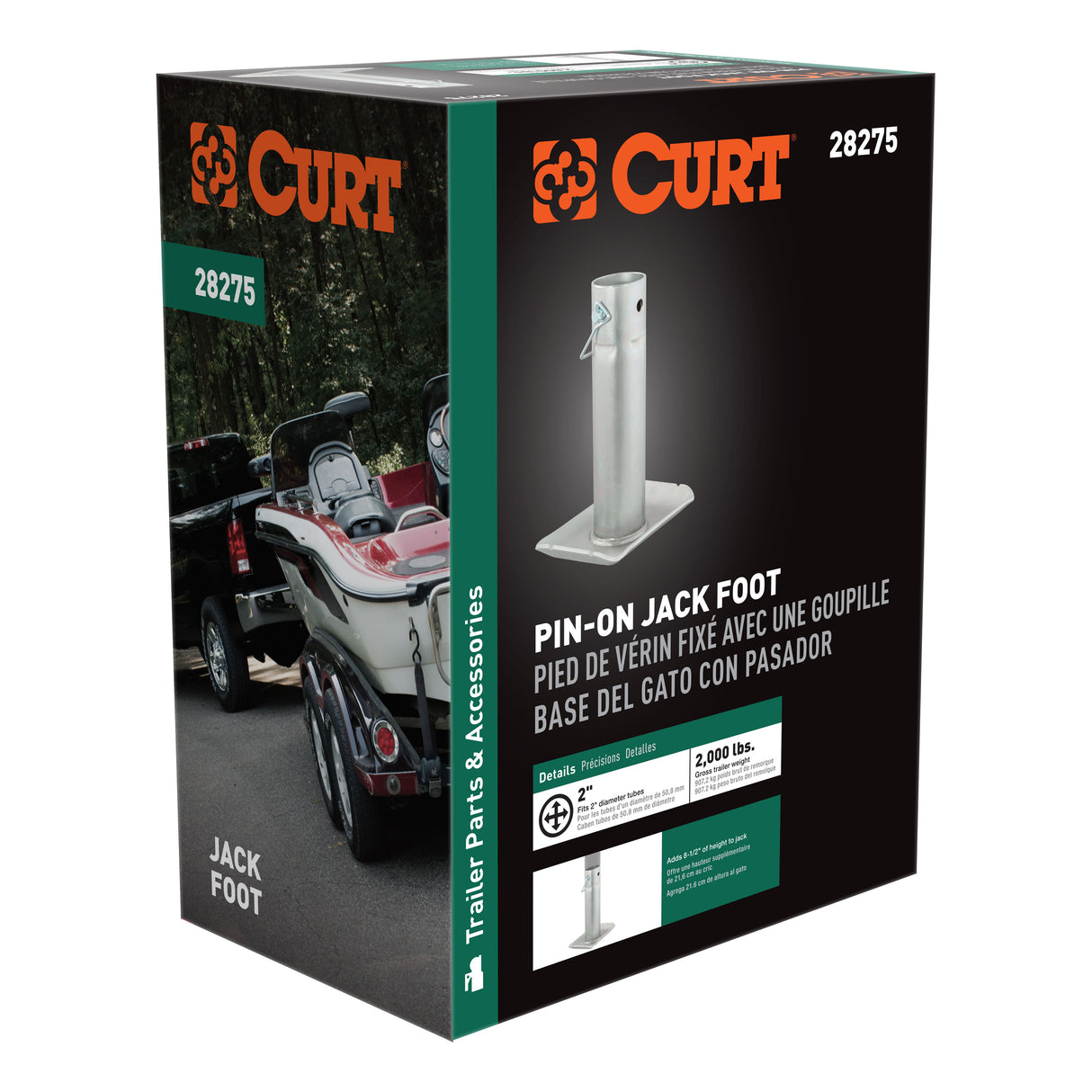 Curt - Pin-On Jack Foot (Fits 2" Tube, 2,000 lbs, 8-1/2" Height, Packaged) - 28275