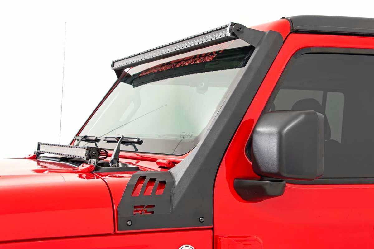 Rough Country - Jeep 50-inch Straight LED Light Bar Upper Windshield Kit w Dual-Row Black Series LED - Amber DRL (20-22 Gladiator JT, 18-22 Wrangler JL) - 70068