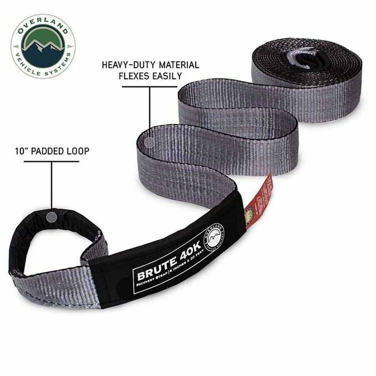 Overland Vehicle Systems - Tow Strap 4 Inch x 20 Foot Grey With Black Ends and Storage Bag - 19089916