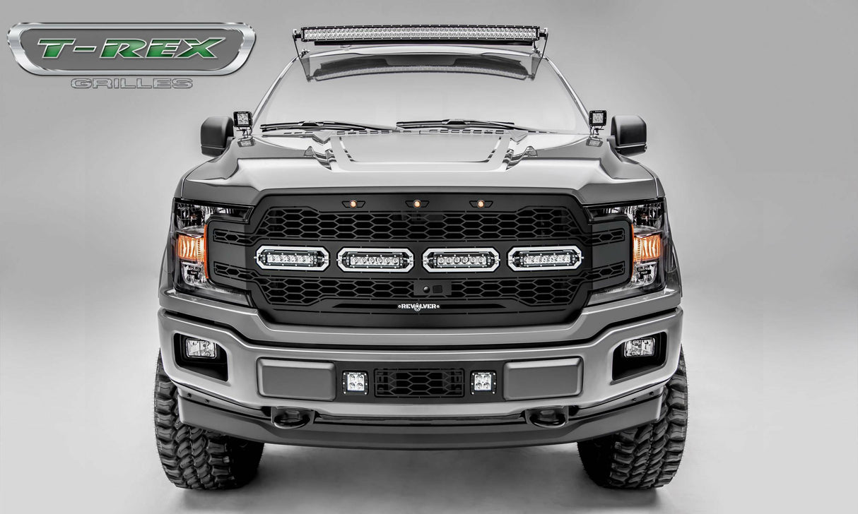 T-Rex Grilles - 1 Pc Laser Cut Pattern Mild Steel Revolver Grille Replacement - Includes Optional Aluminum Accent Trim, Includes (3) Amber running lights, Includes Universal Wiring Harness - 6515791