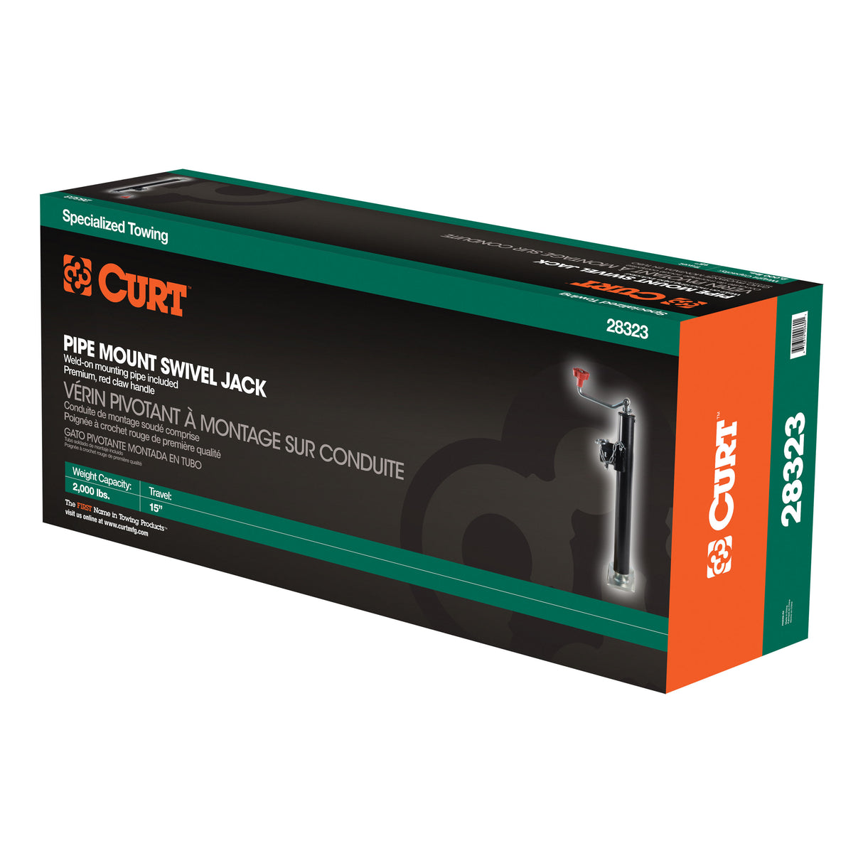 Curt - Pipe-Mount Swivel Jack with Top Handle (2,000 lbs, 15" Travel, Packaged) - 28323