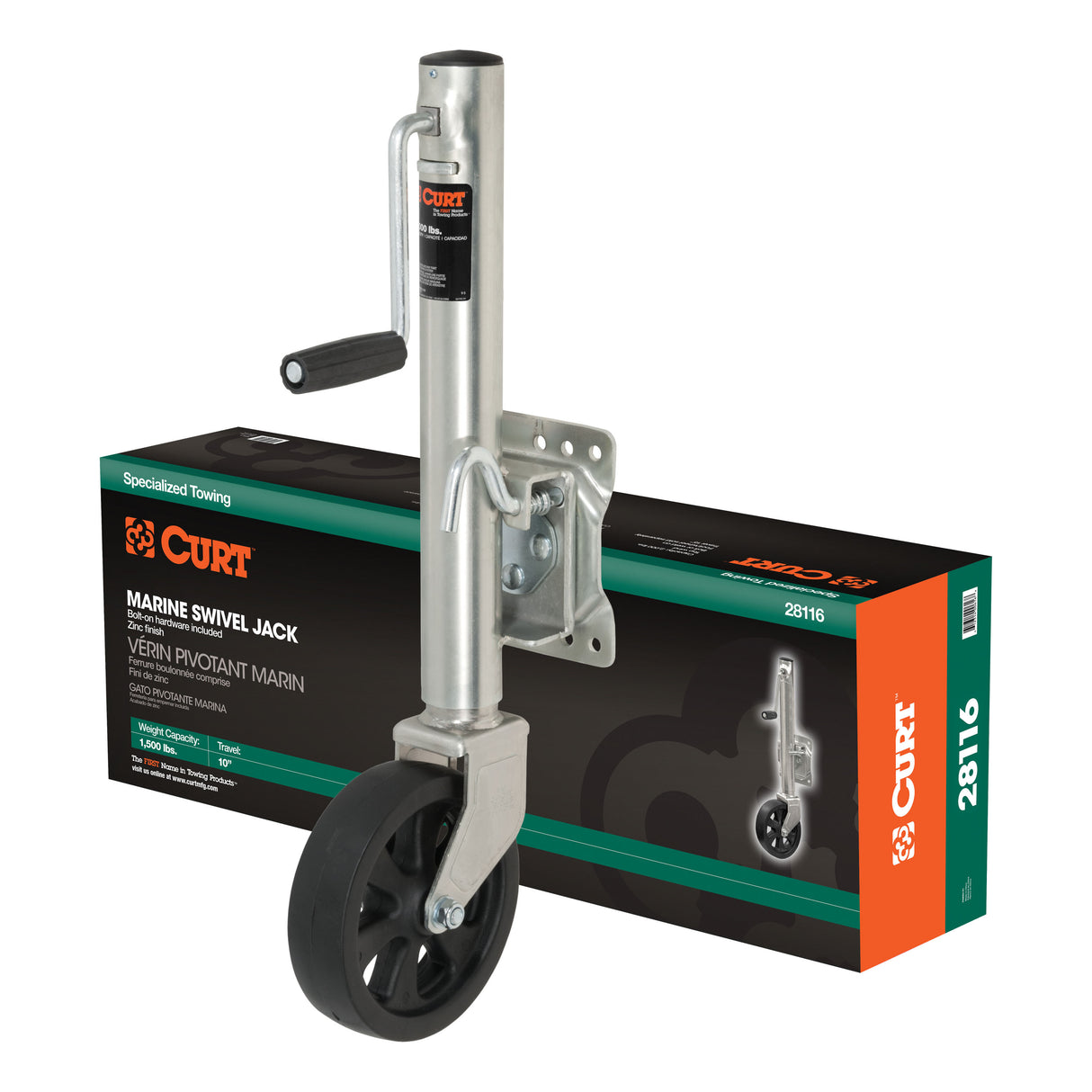 Curt - Marine Jack with 8" Wheel (1,500 lbs, 10" Travel, Packaged) - 28116
