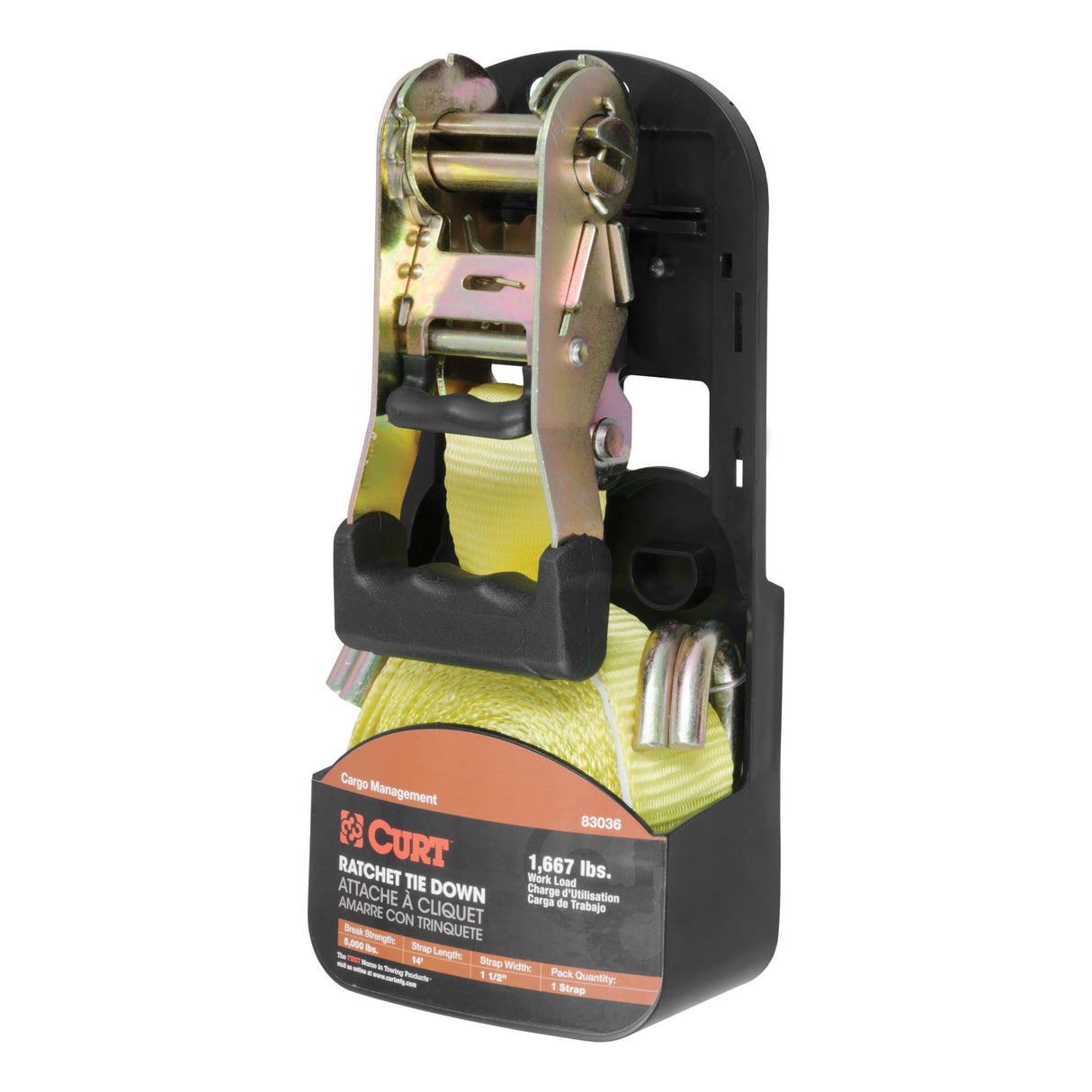 Curt - 14' Yellow Cargo Strap with J-Hooks (1,667 lbs.) - 83036