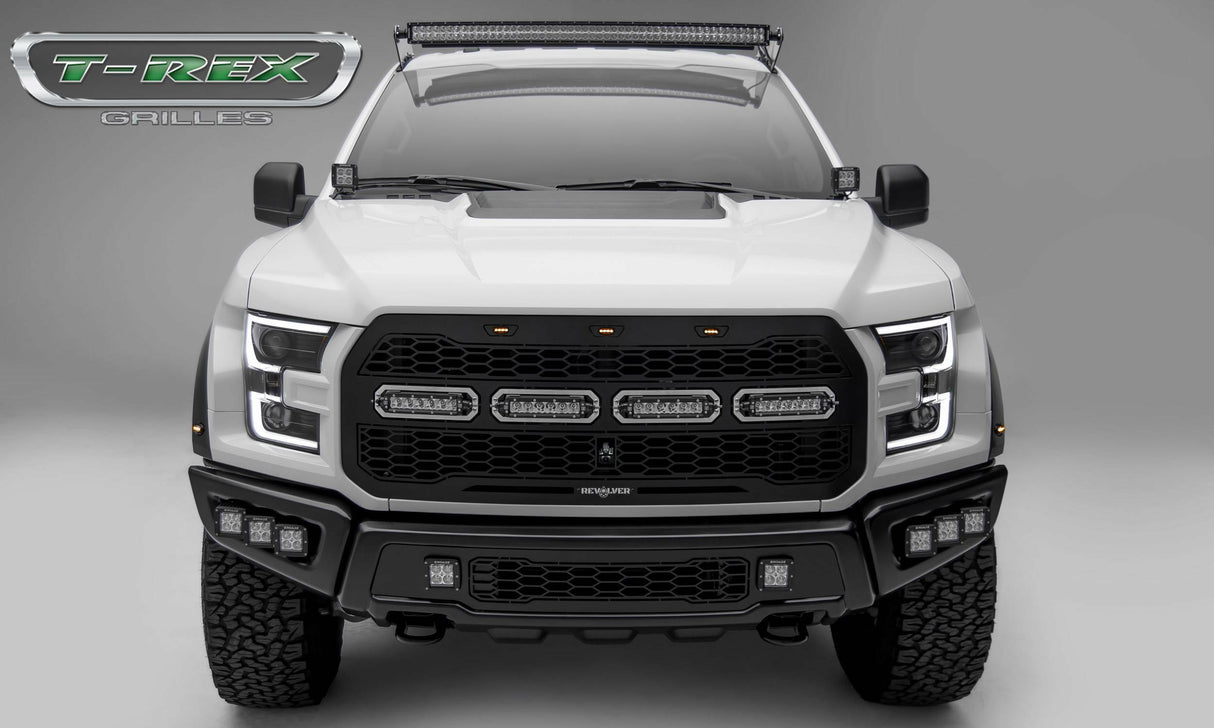T-Rex Grilles - 1 Pc Laser Cut Pattern Mild Steel Revolver Grille Replacement - Includes Optional Aluminum Accent Trim, Requires (3) OEM Factory Amber running lights (not included), Includes Universal Wiring Harness - 6515671