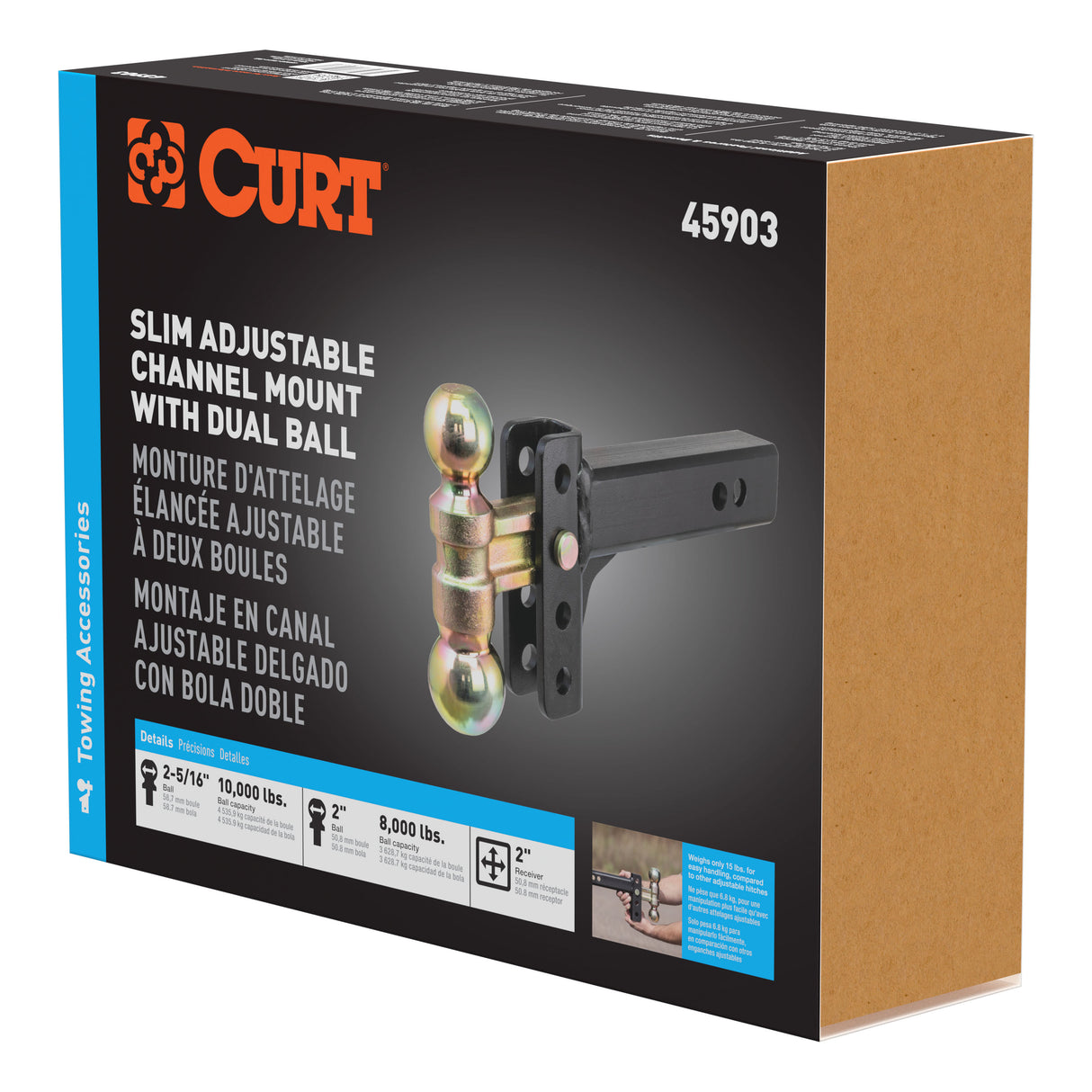 Curt - Slim Adjustable Channel Mount with Dual Ball (2" Shank, 10K, 3-3/4" Drop) - 45903