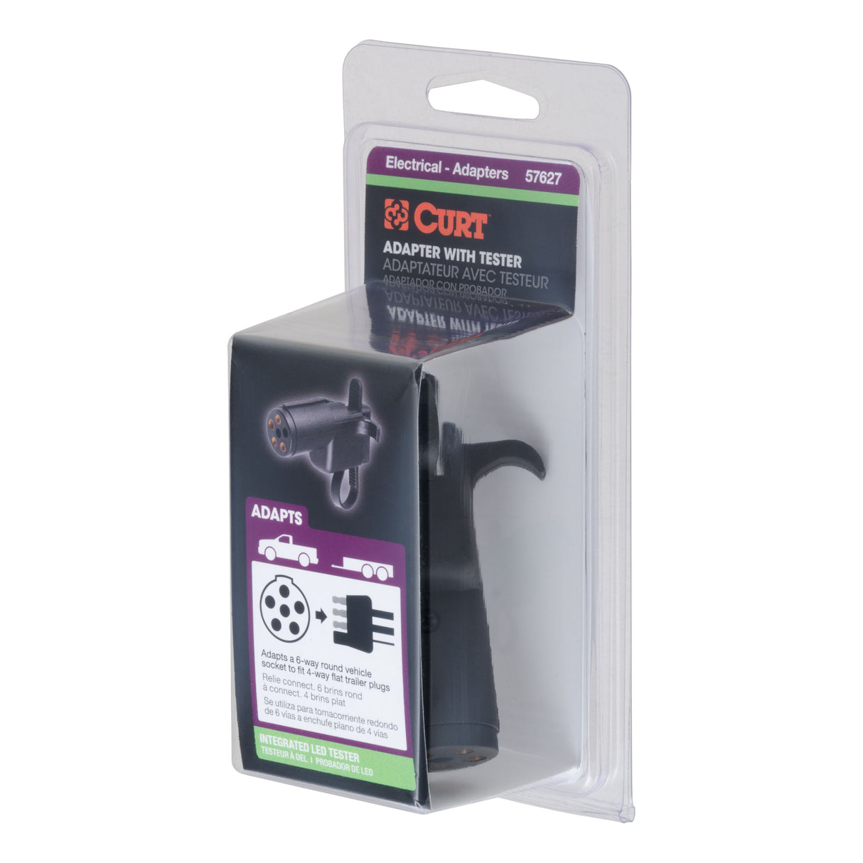 Curt - Electrical Adapter with Tester (6-Way Round Vehicle to 4-Way Flat Trailer) - 57627