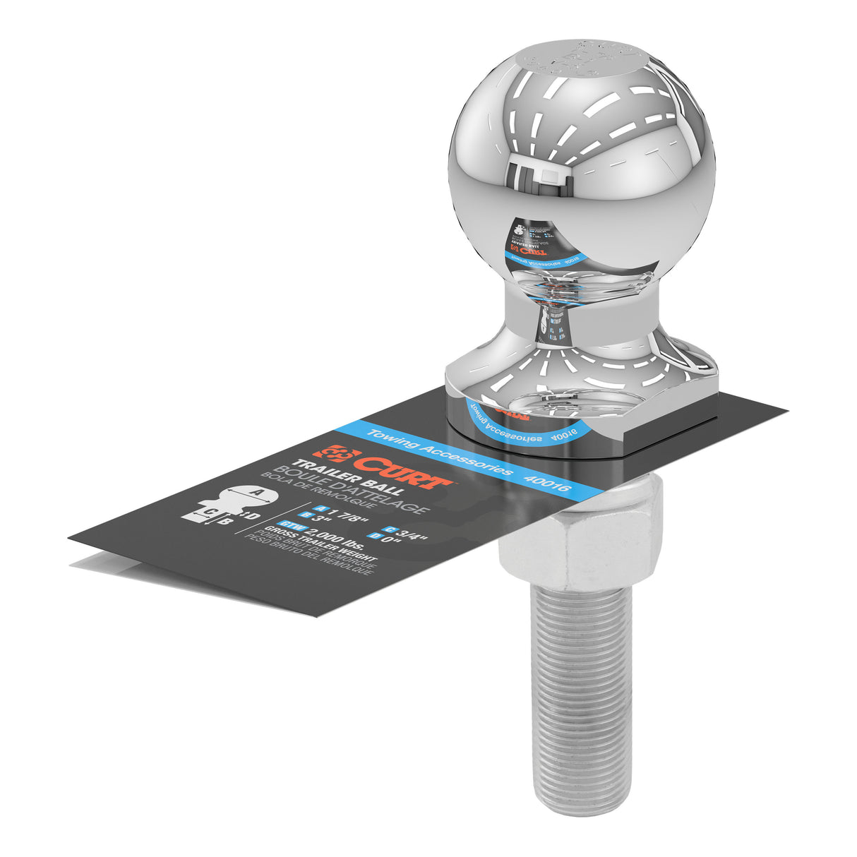 Curt - 1-7/8" Trailer Ball (3/4" x 3" Shank, 2,000 lbs., Chrome) - 40016