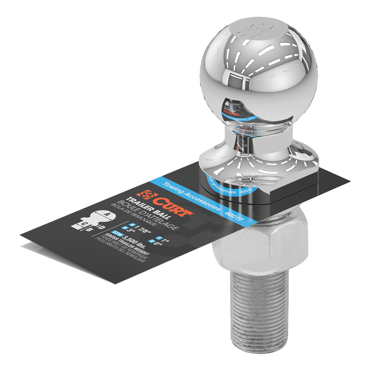 Curt - 1-7/8" Trailer Ball (1" x 3" Shank, 3,500 lbs., Chrome) - 40017